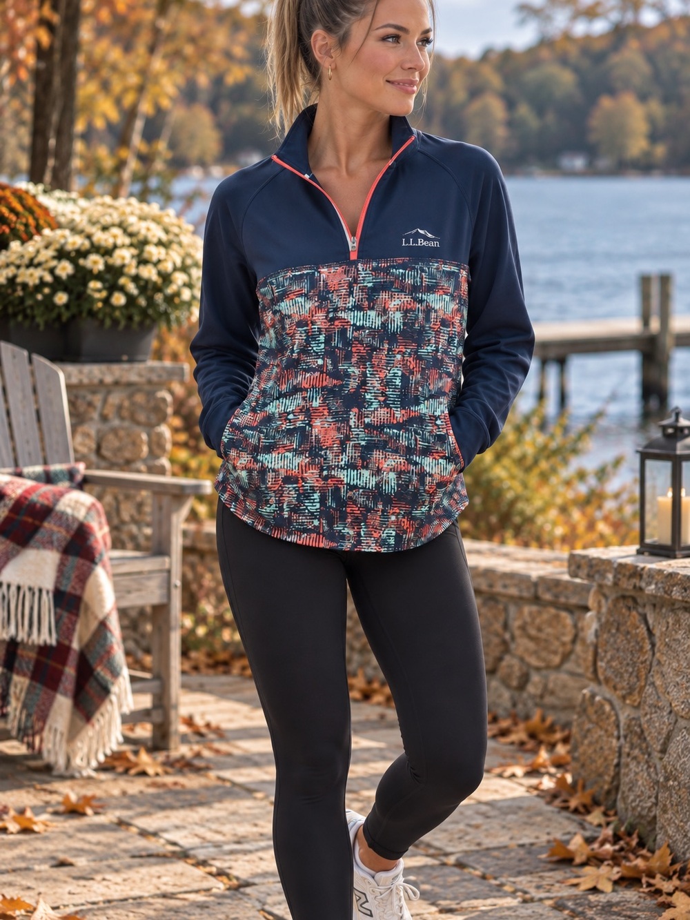 L.L. Bean Navy Half-Zip Lightweight Pullover with Multicolor Print- Medium